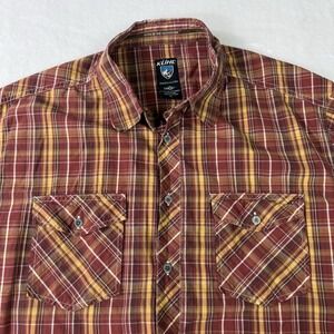 Kuhl Shirt Mens XL Brown Plaid Suncel Short Sleeve‎ Metal Buttons Outdoor Hiking